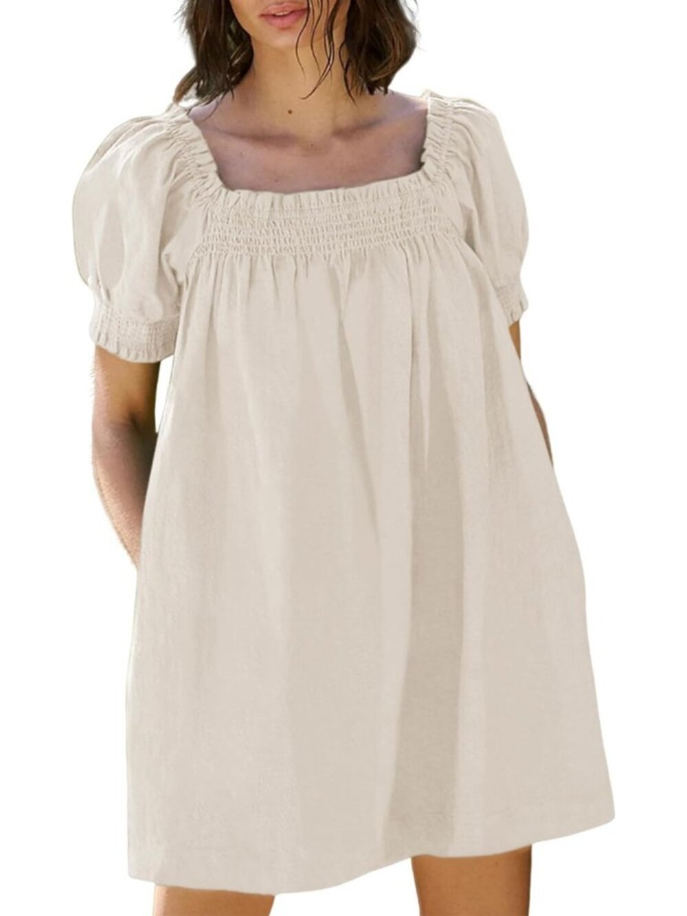 Women's Cream Square Neck Puff Sleeve Beach Sundress Casual Short Mini Dress